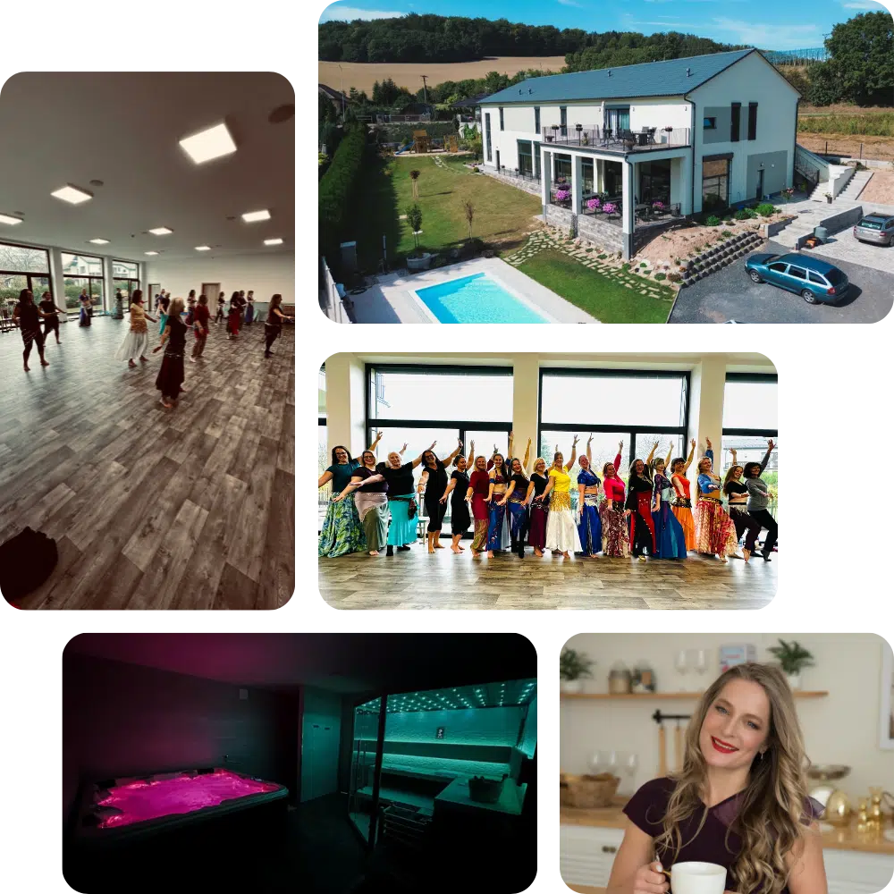 Koláž fotografií z víkendového pobytu s tancem a jógou v Pochvalově